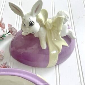 Vintage Ceramic Purple Easter Egg Candy Dish Reclining Bunny on Top Crazing